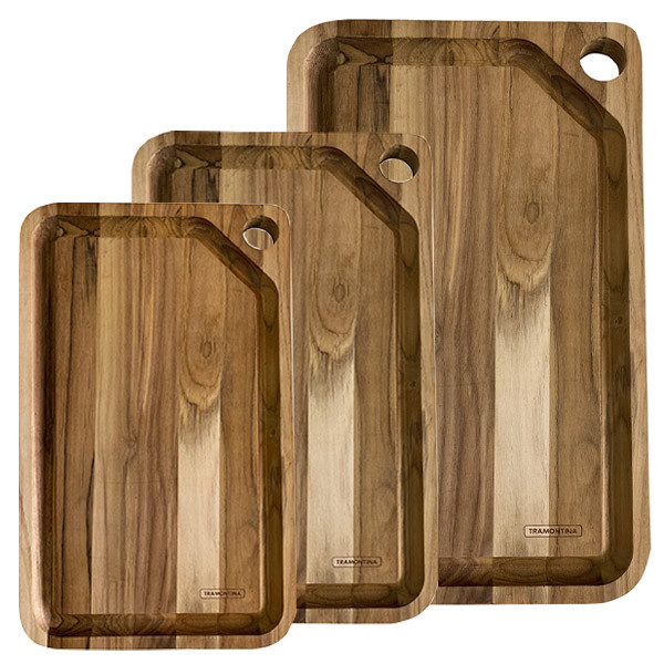 Planche &agrave; d&eacute;couper avec rigole en bois de teck Churrasco - Tramontina