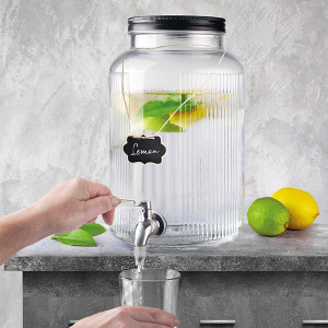 Distributeur de boissons en verre stri&eacute; avec robinet inox et support - 5,5 L